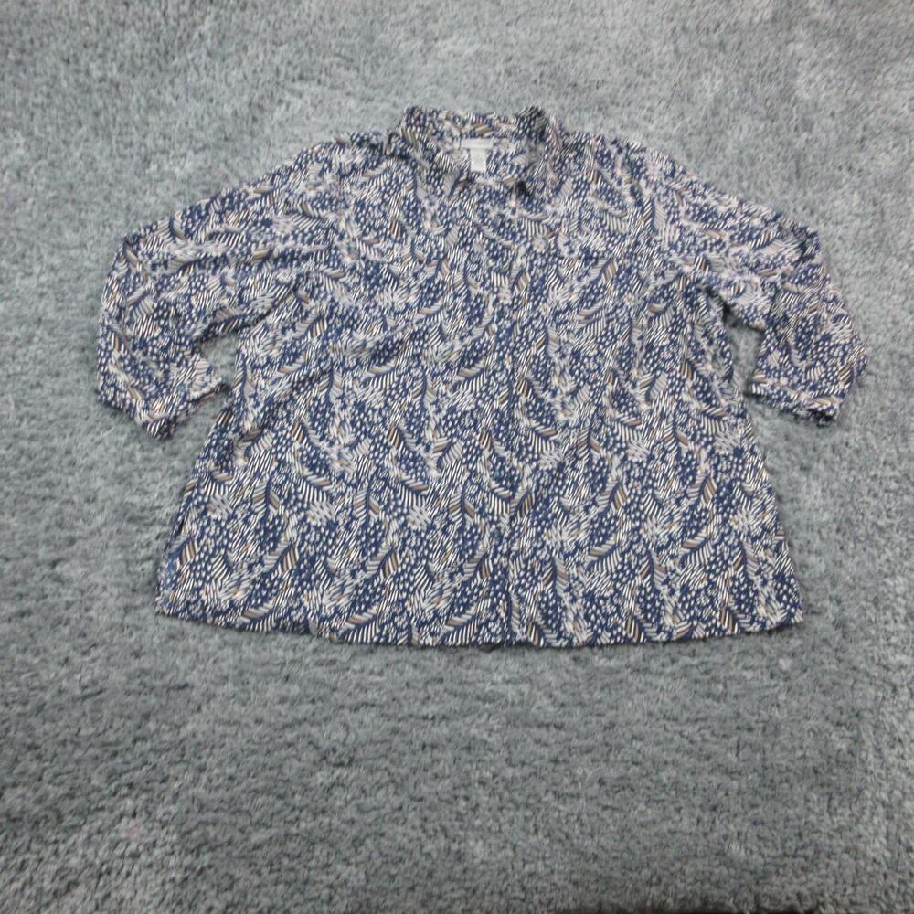 Catherines Blouse Womens 2X 22/24W Blue Tan Leaf Print V-Neck Long Sleeve Tunic